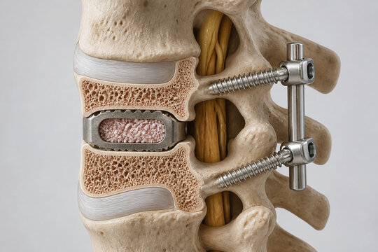 Lumbar spinal fusion with interbody cage cutaway