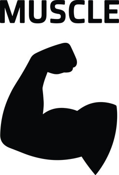 Black strong flexing biceps arm muscle silhouette vector icon with typography for fitness and gym design