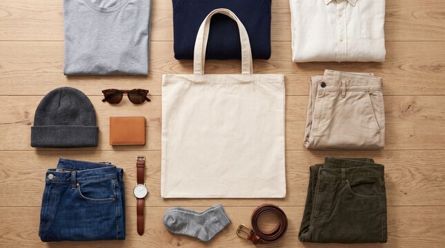 Flat lay of men's casual clothing and accessories neatly arranged on a wooden background