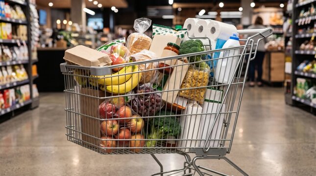 Full Shopping Cart Overflowing with Groceries Including Fruits Vegetables Bread Pasta and Toilet Paper in Supermarket Aisle