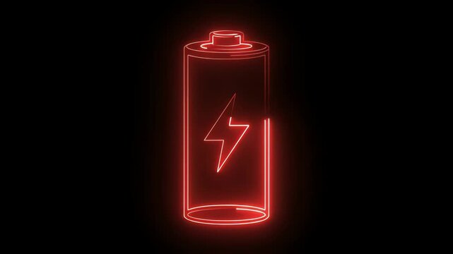 Glowing red neon battery icon on black background, electric power charging symbol, energy and technology concept