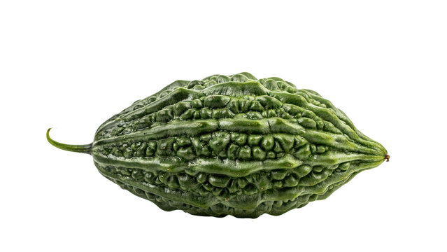 A single fresh bitter melon vegetable with a bumpy green skin texture positioned horizontally on a white surface isolated on a transparent background