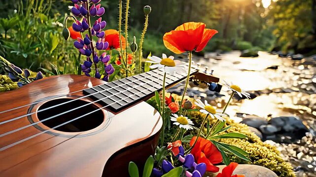 Small Wooden Ukulele Resting Near Wildflowers Beside A Flowing River
