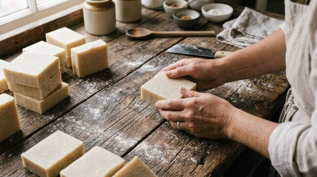 Artisan soap making process in a rustic workshop showing handmade natural bars arranged neatly on a wooden table with ingredients and traditional