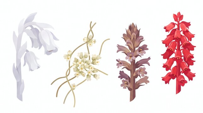 Botanical Illustration of Rare Parasitic Plants Ghost Plant Dodder and Snow Plant on White Background