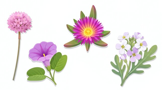 Botanical Illustration of Coastal Flora Sea Thrift Beach Morning Glory and Ice Plant on White Background
