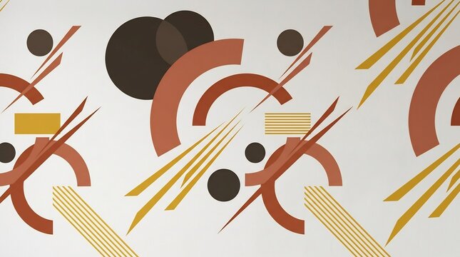Abstract geometric mural, autumn palette, terracotta arcs, mustard stripes, dark brown circles, minimalist mid-century aesthetic, fall decor wallpaper pattern.