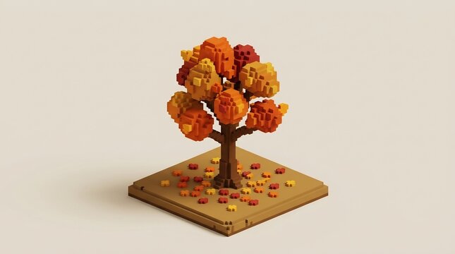 Voxel autumn tree on isometric platform, 3D pixel art, orange fall foliage, minimalist digital nature, seasonal graphic asset.