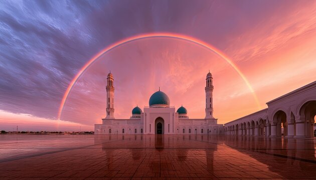 A grand white mosque with turquoise domes under a vibrant sunset and rainbow