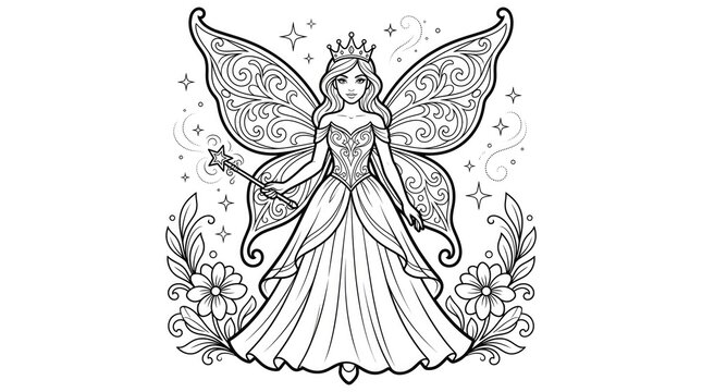 Fairy queen princess with magic wand and ornate wings coloring page for kids, fantasy line art illustration