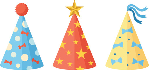 Obraz premium Colorful Birthday Party Hat Vector Collection Featuring Stars Bow Ties and Dog Bone Patterns for Festive Greeting Cards and Invitations
