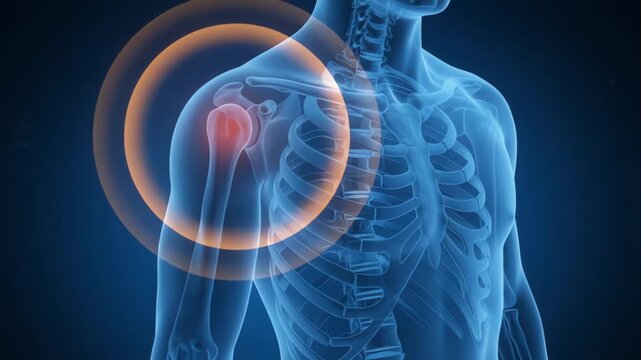 3D medical illustration of shoulder joint pain, human skeleton anatomy with red glowing ache zone, orthopedic injury concept
