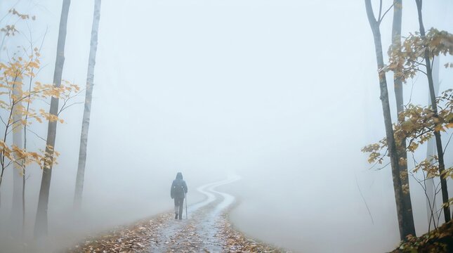 Hiker walking down winding path into thick autumn fog, yellow leaves on ground, mysterious journey concept, solitary trekking through misty woods, peaceful nature trek.