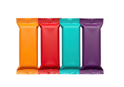 Four colorful candy bars in shiny wrappers side by side isolated on transparent background