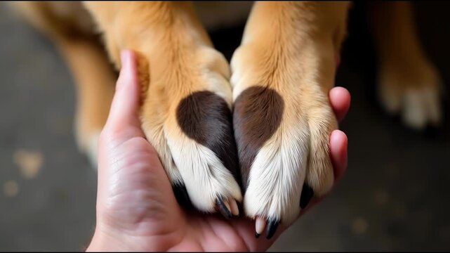 Person showing affection to dog's paw with a heart shape, great for pet-related or love-themed ry
