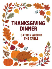 Naklejka premium Thanksgiving Dinner Poster with Roast Turkey, Pumpkins, and Autumn Botanical Frame