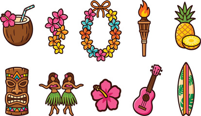 Hawaiian Luau Party Vector Set with Tiki Mask, Hula Dancers, Ukulele, Surfboard, Coconut Cocktail, Garland, and Pineapple Icons © PUTUL