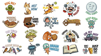Fototapeta premium Diverse collection of colorful cartoon stickers featuring funny characters and motivational phrases.