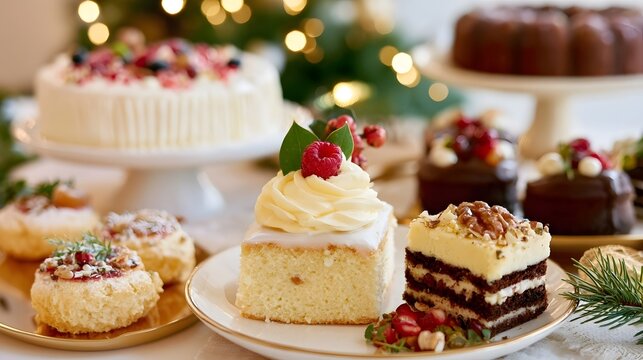 A festive table displays assorted holiday cakes and pastries decorated with berries  nuts  and fresh greenery
