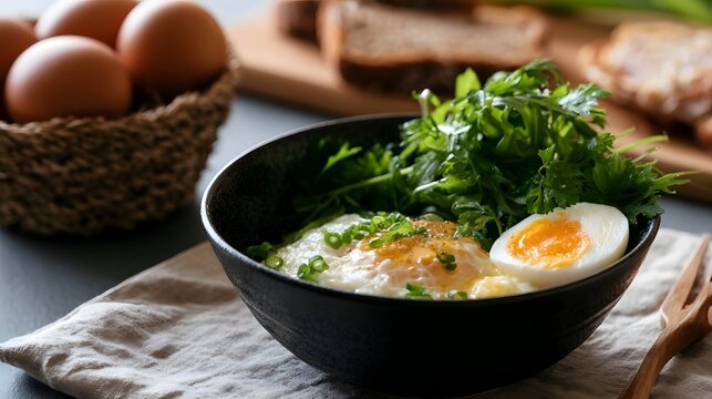 A black bowl holds soft boiled eggs  fresh greens  and chopped scallions  with a basket of brown eggs and sliced bread in the background