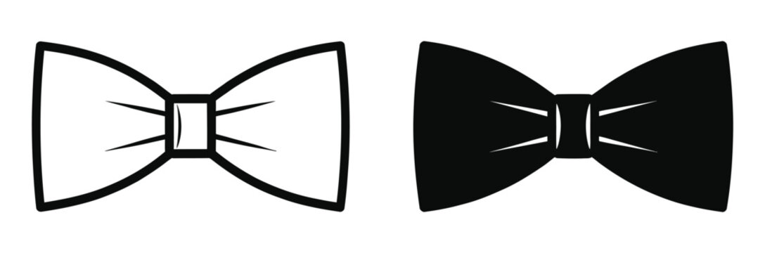 Bow tie, vector icon set featuring black outline and filled versions, isolated on transparent background, representing formal fashion, elegant attire, menswear, celebration, and classic design.