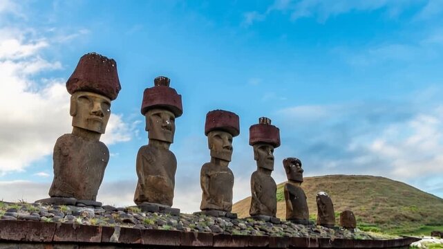 Moai Statues at Ahu Nau Nau on Sandy Anakena Beach with Grassy Hill on Easter Island, Valparaiso, Chile. Time Lapse Video