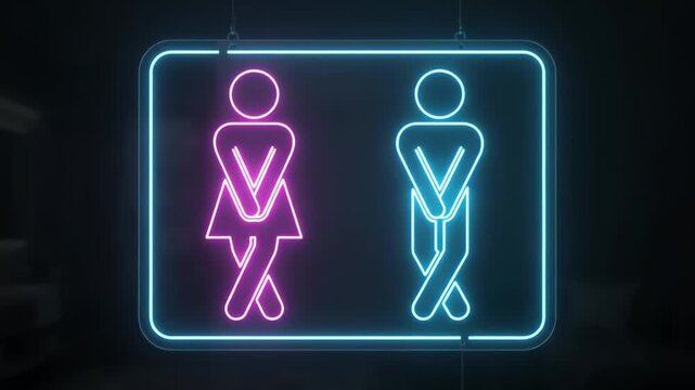 Glowing neon restroom sign with funny male and female figures, pink and blue neon toilet symbols needing to pee, humorous washroom indicator