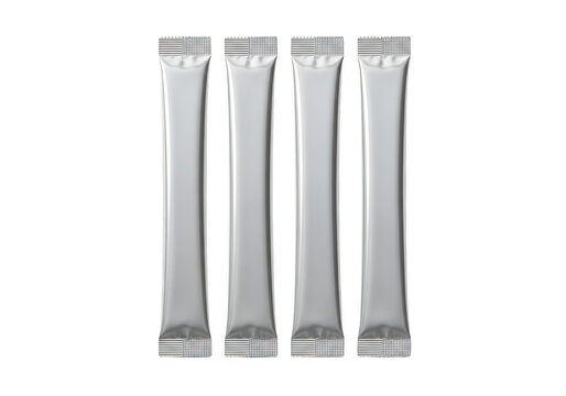Four blank silver stick sachets for food or coffee isolated on transparent background