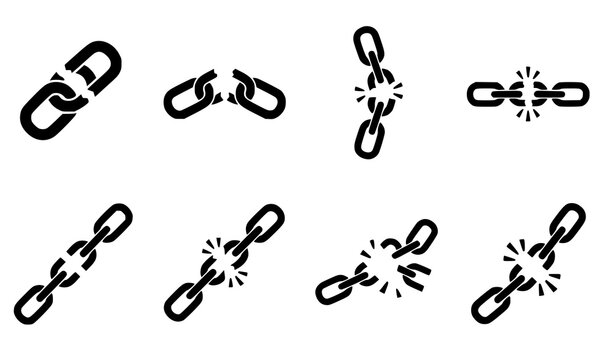 Set of black broken chain link icons representing disconnection failure or weakness in a conceptual design