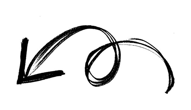 Black hand drawn loopy curved arrow pointing left isolated on white background