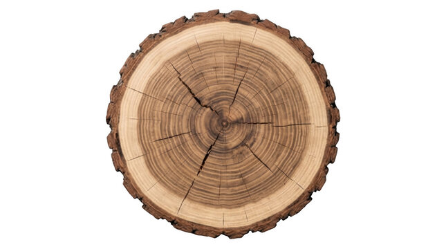 Natural tree wood slice with circular growth rings and rough bark texture detail isolated on transparent background