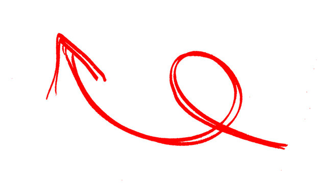 Red hand drawn loopy curved arrow pointing up isolated on white background