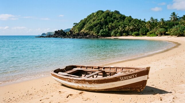 Old wooden rowboat rests on a sandy beach beside a calm turquoise ocean with lush green island in background.