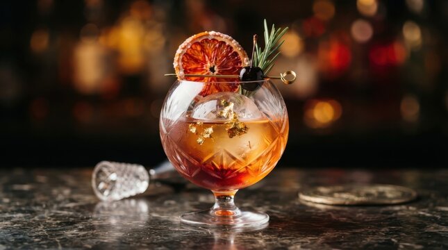 Cocktail Elegance: A sophisticated cocktail, garnished with a dried citrus slice and rosemary sprig, sits elegantly on a polished bar top, inviting a moment of refined indulgence.