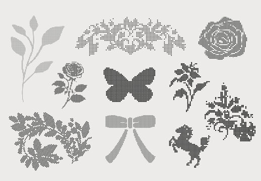 Pixel Art Floral Icon Set, Cross Stitch Style Decorative Graphic Elements, Monochromatic Flower Rose Butterfly and Horse Halftone Clip Art, Retro Crafts and Embroidery Pattern Design