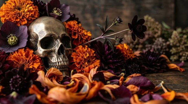 Dark Beauty: A striking arrangement of metallic skull, deep orange marigolds, and dark purple blossoms, evokes a mood of gothic elegance and autumnal mystery.