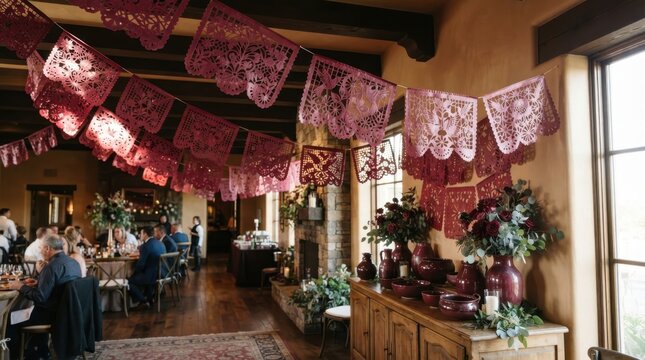 Celebratory Fiesta Ambiance: An indoor space adorned with vibrant paper banners and rustic decor, setting a festive mood for a gathering or celebration, with people dining at tables in the background.
