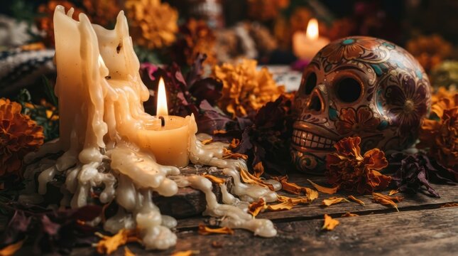 Day of the Dead Altar: A solemn Day of the Dead altar adorned with flickering candles, vibrant marigolds, and a decorated skull, honoring remembrance and the cycle of life.