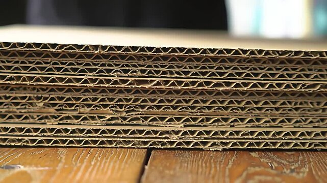 Stack of Corrugated Cardboard Sheets on a Wooden Table Surface