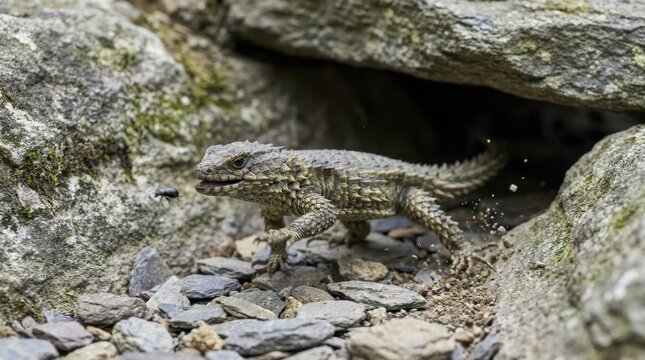 Rock Lizard Emerging: A scaly, textured lizard with a long tail cautiously emerges from a rocky crevice, its eyes alert and its body poised for action.