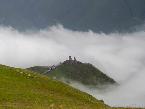 Gergeti Trinity Church Surrounded by Clouds in Kazbegi Mountains