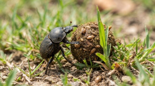 Dung Beetle Rolling Ball: A close-up of a dung beetle diligently pushing a large ball of dung across a grassy terrain, showcasing its industrious nature.