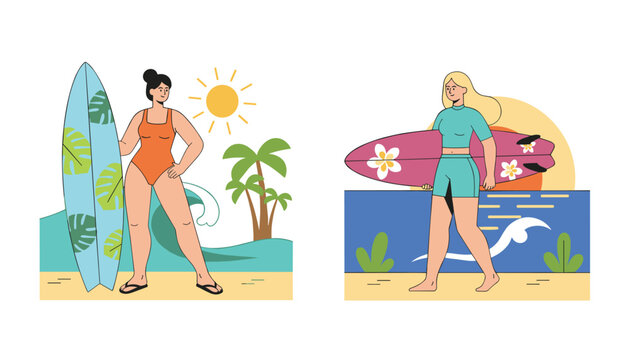 Vector illustration of two athletic female surfers with colorful surfboards standing on beaches at sunrise and sunset.