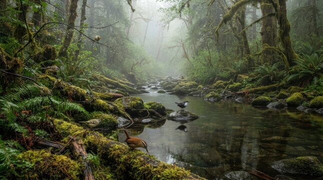 Misty Forest Stream: A serene forest scene with a gentle stream winding through moss-covered rocks and ancient trees, enveloped in a mystical morning mist.