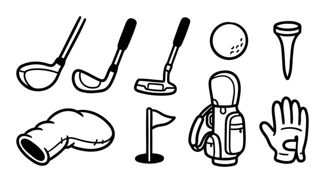 Golf equipment hand drawn doodle set featuring clubs ball and bag as a clean black and white vector graphic illustration