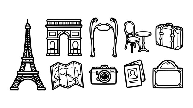 Paris travel hand drawn doodle set featuring landmarks and tourism items in a black and white vector graphic illustration