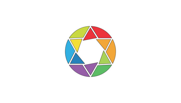 Colorful camera shutter lens aperture design composed of interlocking geometric triangles on white backdrop.