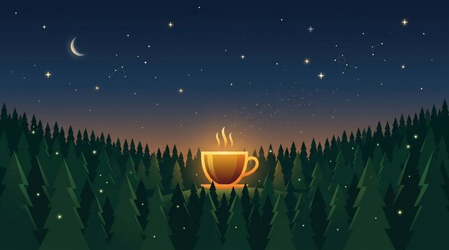 Glowing coffee cup in pine forest under starry night sky with crescent moon; cozy surreal vector illustration for coffee branding and dreaming.