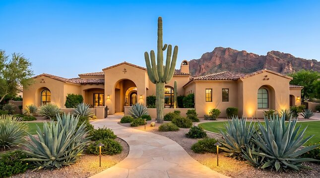 Luxury house with cactus and agave plants in the desert landscape under a clear blue sky in arizona. arizona yard