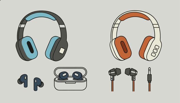 Collection of modern audio devices including wireless over-ear headphones, bluetooth earbuds, and wired earphones.